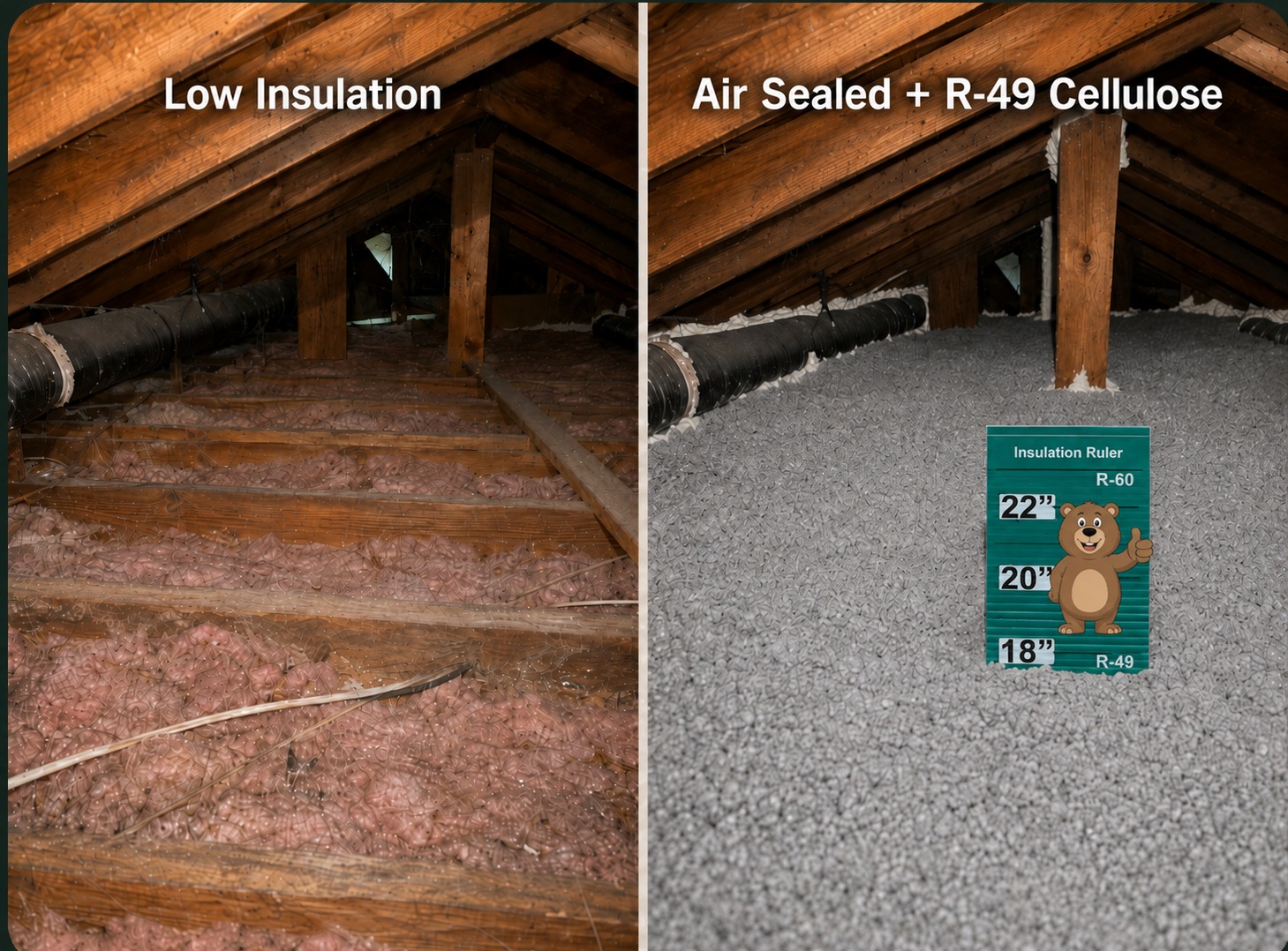 Before and after attic insulation: thin fiberglass replaced with air-sealed R-49 blown-in cellulose
