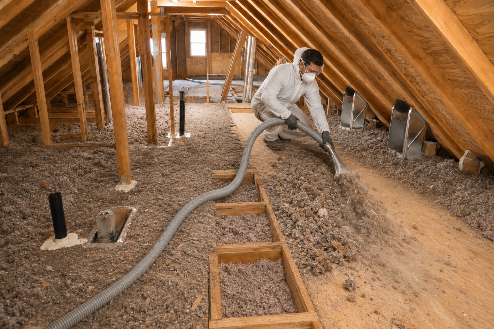 Old attic insulation being removed as part of an attic restoration