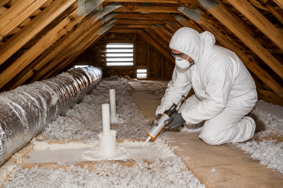 Technician air sealing an attic penetration near ductwork