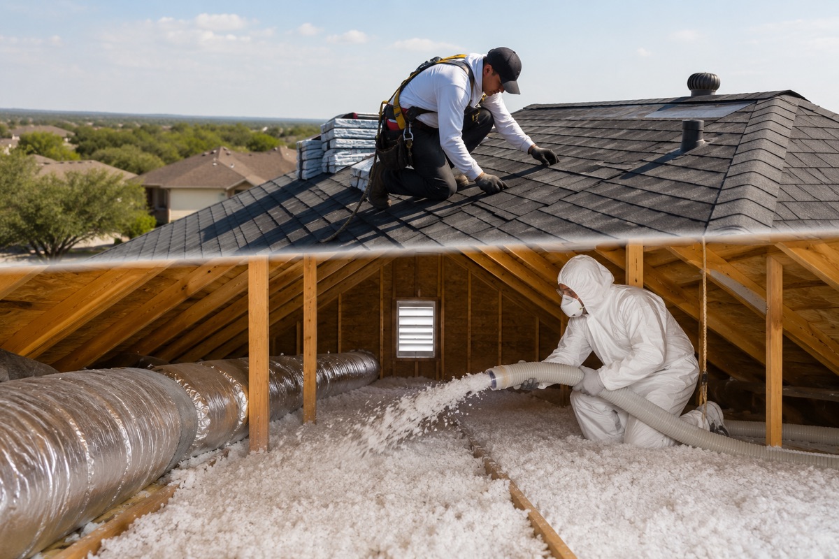 Roofing work above and attic insulation work below, the same home