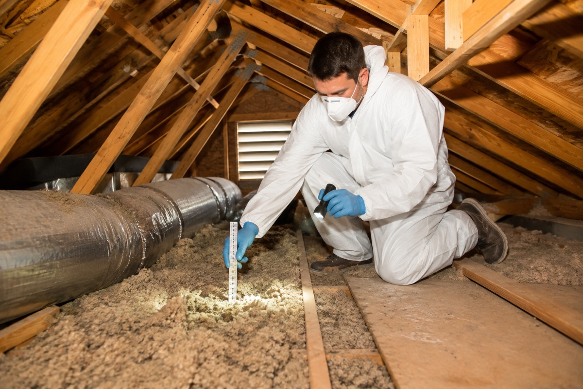 Technician measuring attic insulation depth during a whole-home assessment