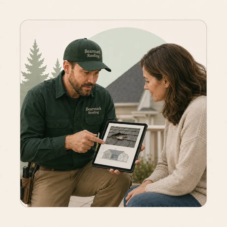 Bearmark roofer showing a homeowner roof photos on a tablet