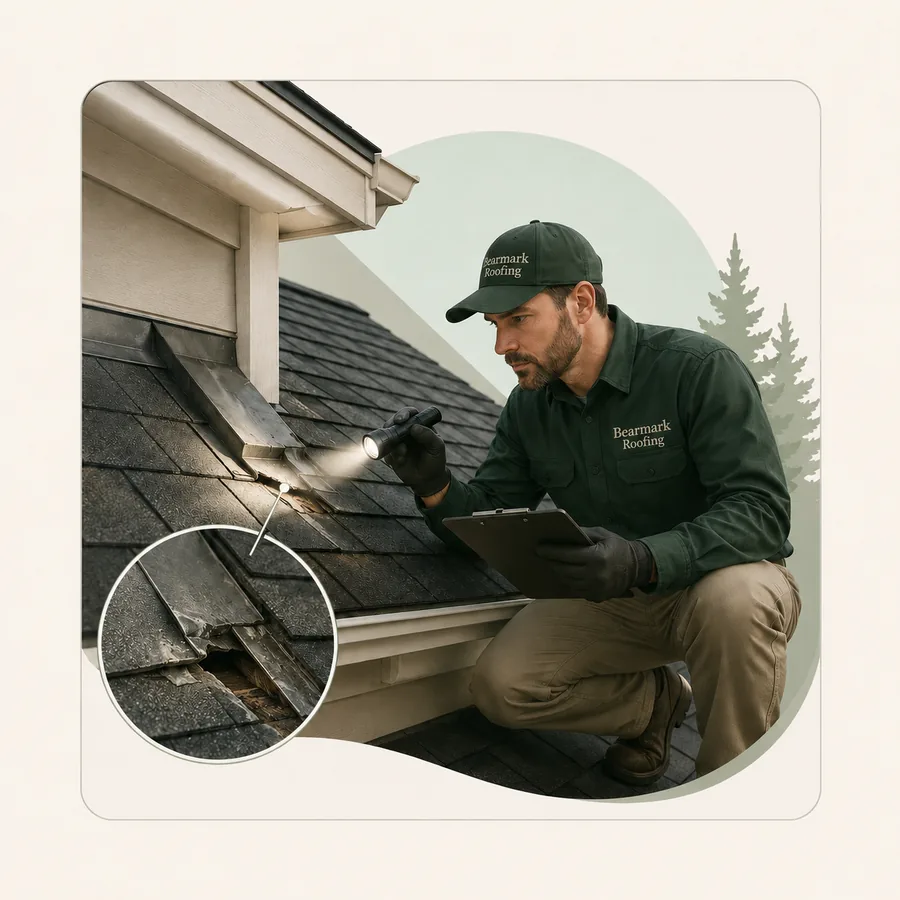 Bearmark roofer inspecting a roof closely with a flashlight