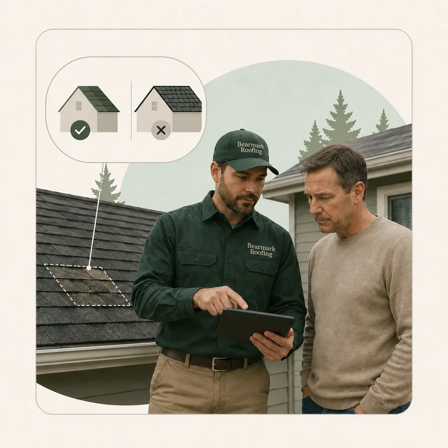 Bearmark roofer reviewing repair versus replacement options with a homeowner
