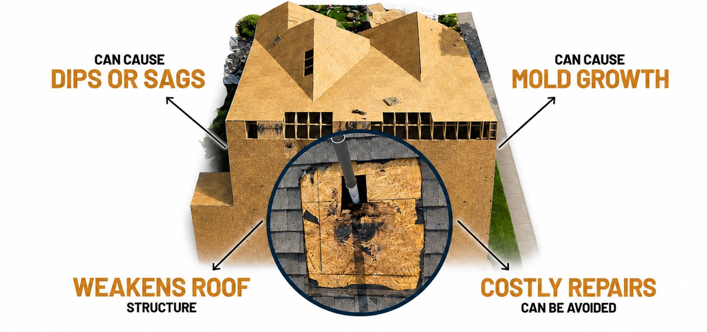 Aerial view of a torn-off roof deck with a section of rotten plywood circled