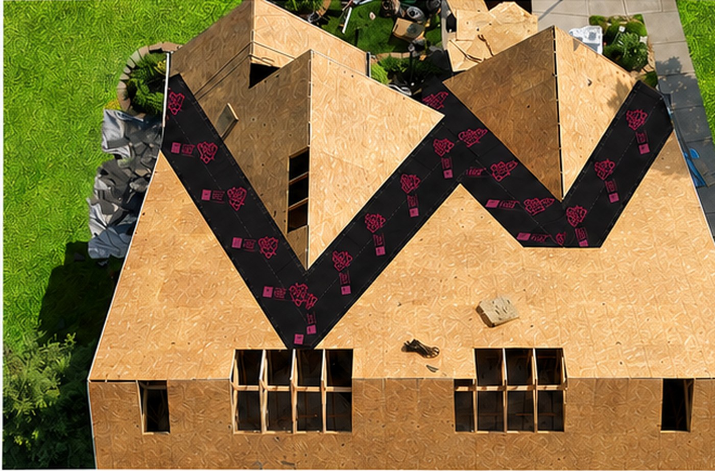 Aerial view of self-sealing leak barrier installed at roof valleys and eaves