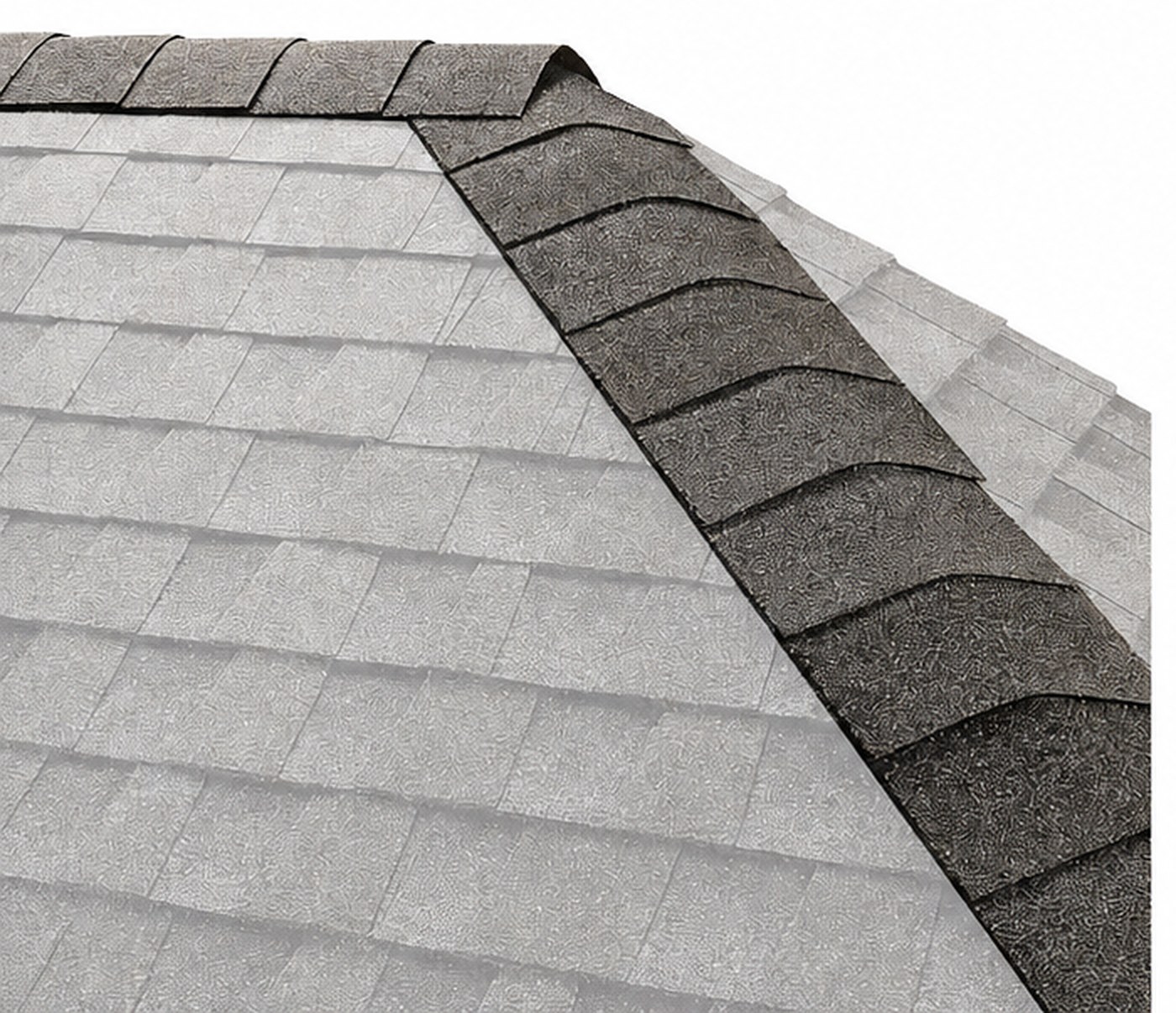 Close-up of finished ridge cap shingles along a roofline