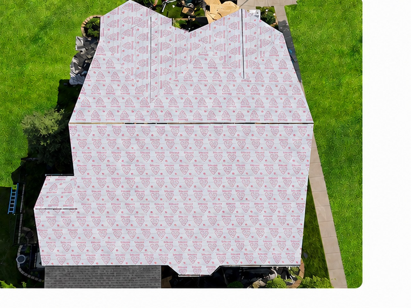 Aerial view of a roof fully wrapped in synthetic underlayment