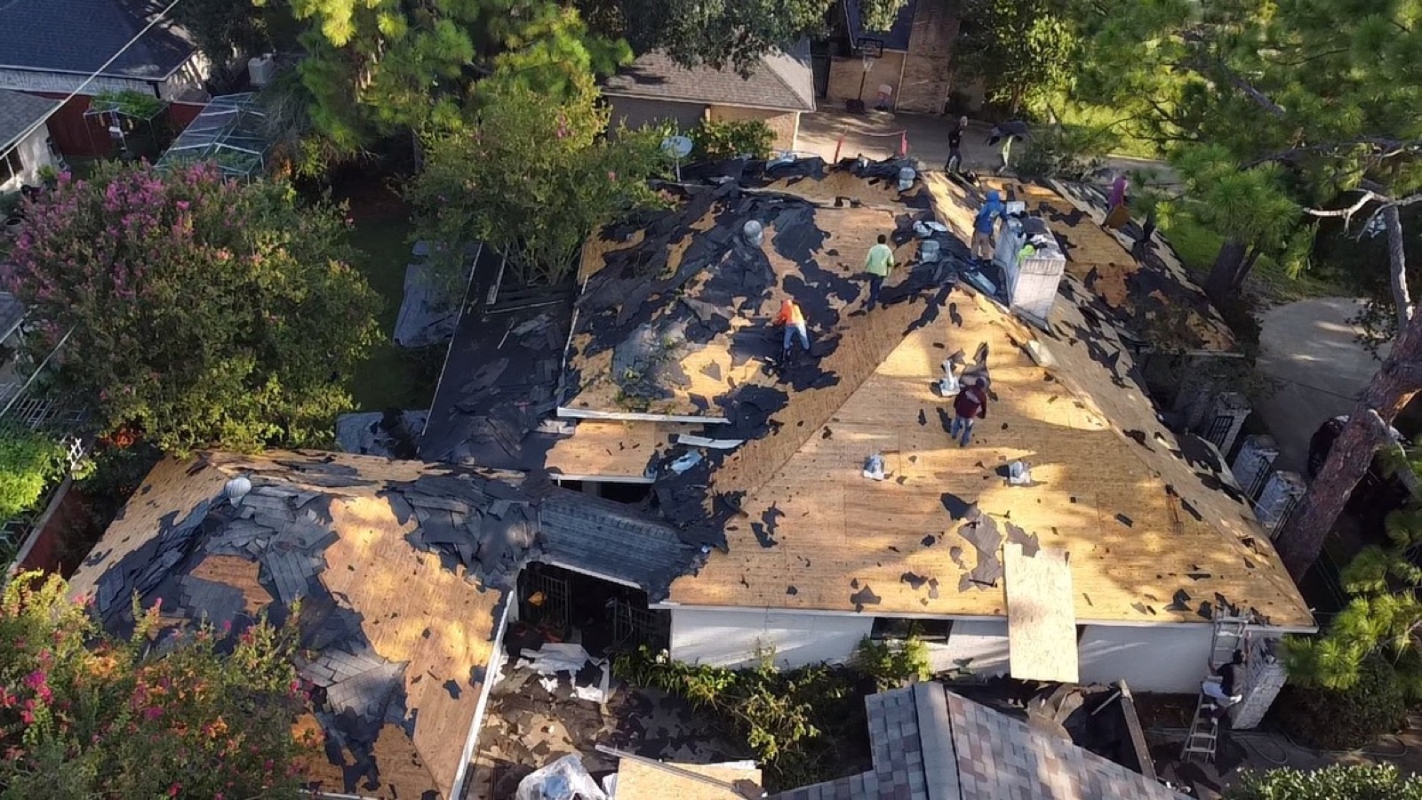 Aerial view of an active roof tear-off