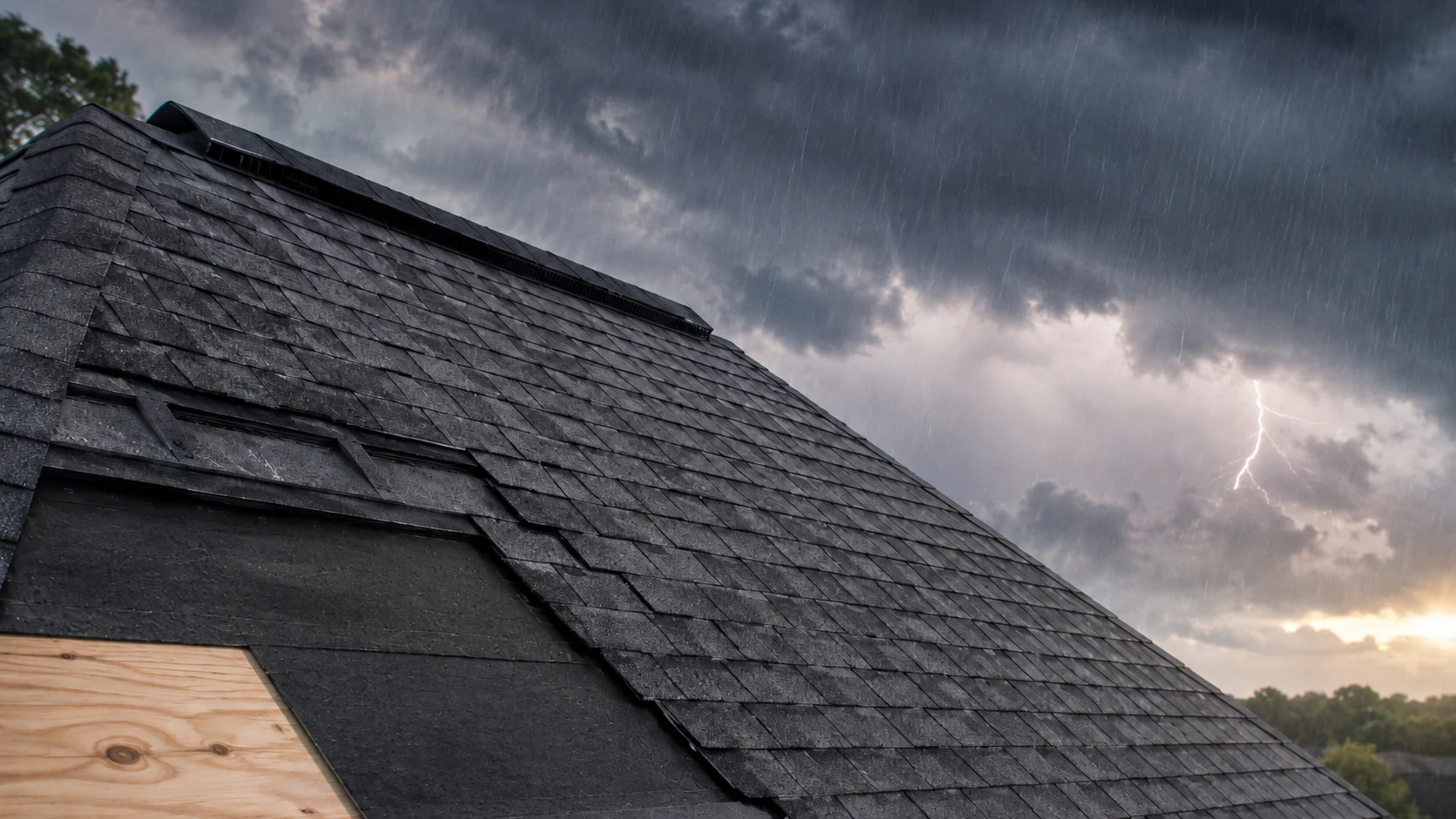Asphalt shingle roof under a lightning storm