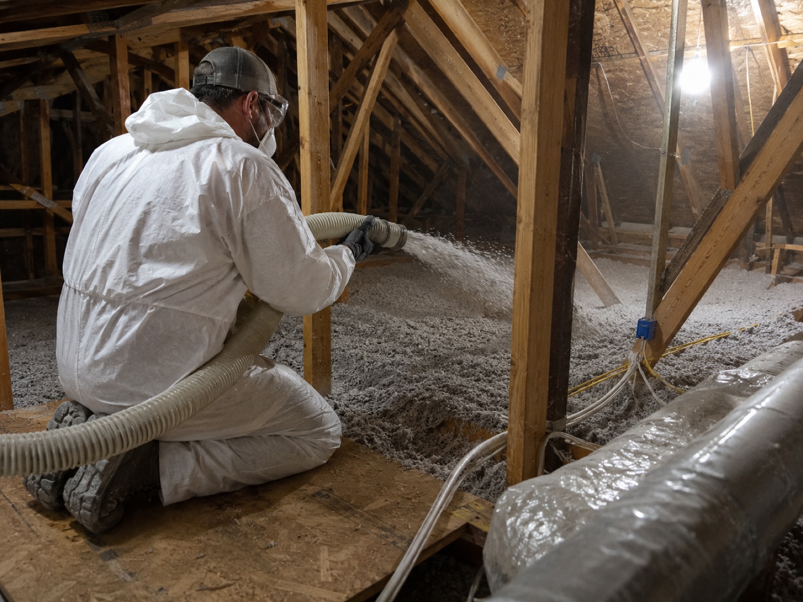Loose-fill insulation being blown evenly across an attic floor